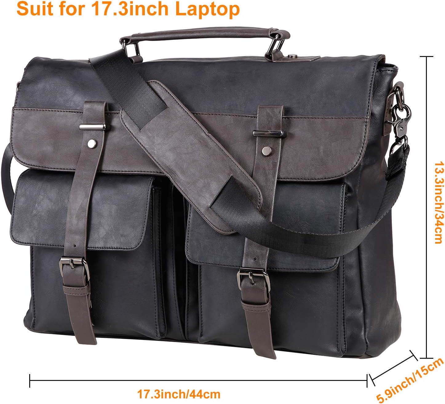 seyfocnia Men's Vintage Black 17.3 Inch Water Resistant PU Leather Laptop Bag, Messenger Bag