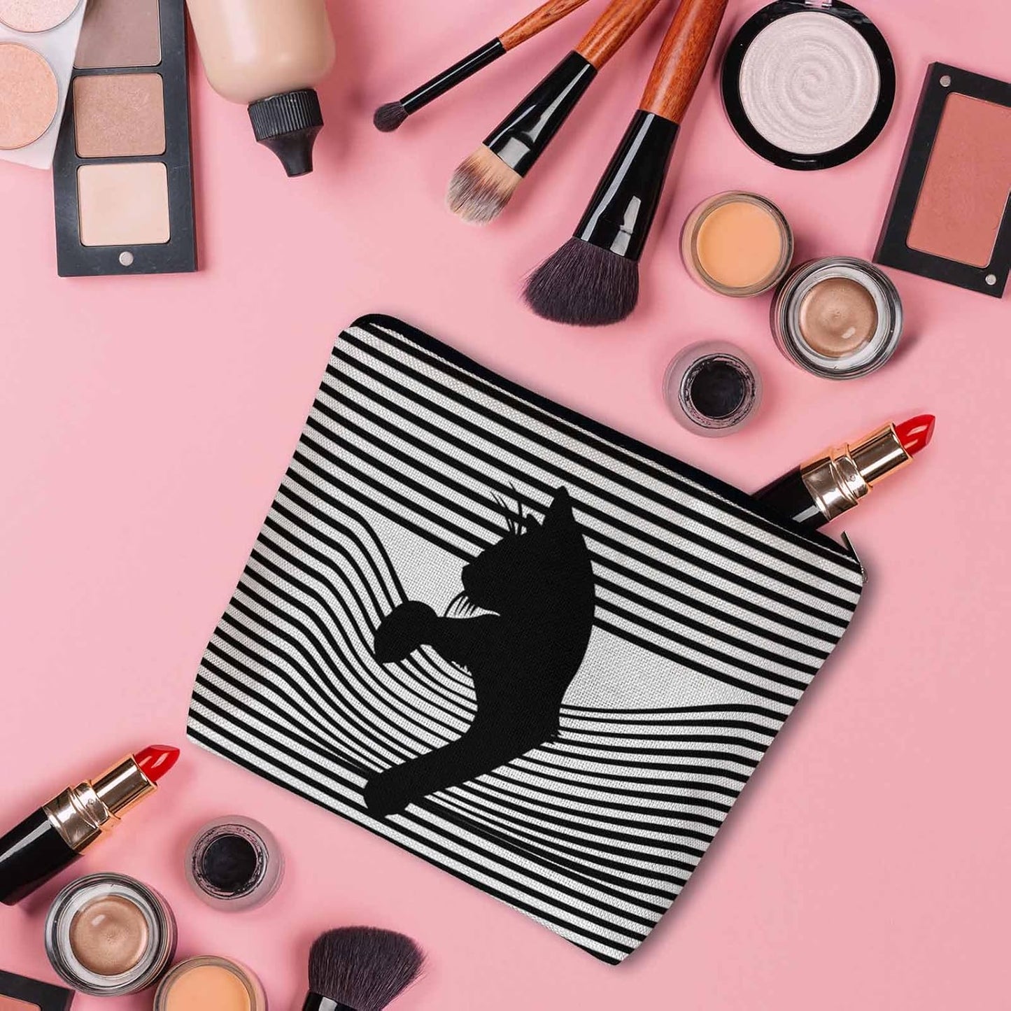 Woman Makeup Bag Black Cat, Funny Kitten Cat Stripes White Makeup Bags Travel Cosmetic Bags Toiletry Makeup Organizer Pencil Pouch Make Up Cosmetic Bag For Owners Lady Birthday Gifts