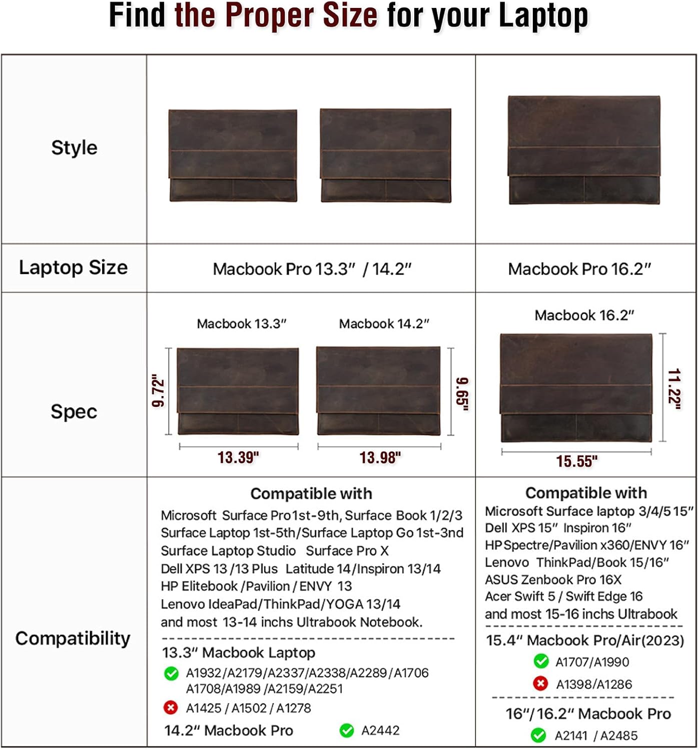 Top Grain Leather 13.3" Slim Laptop Sleeve Bag, Magnet Clasp Closure Design & 3 Pockets & Tracker Holder, Handmade, Compatible with MacBook Pro/Air 13.3"/Cellphone/Passport, Coffee 13.3 Inch