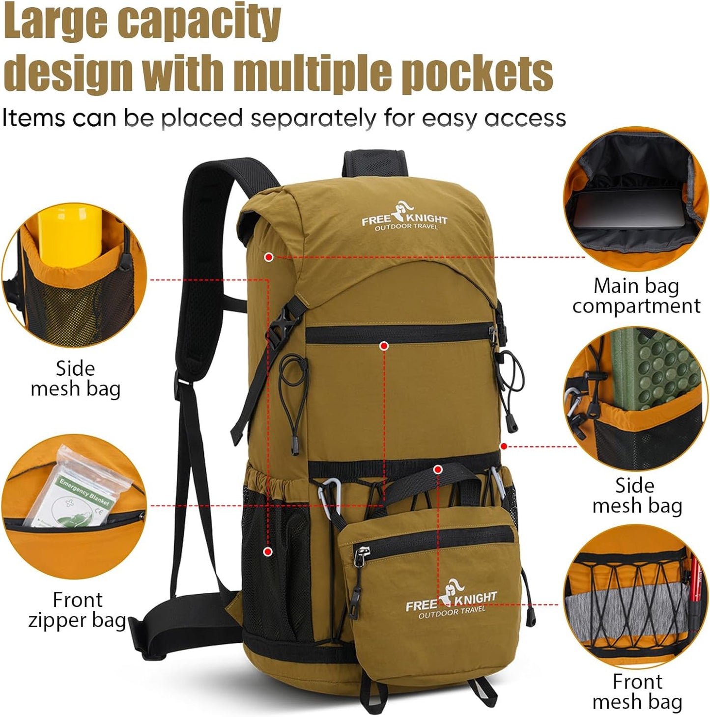 Bseash 30L Lightweight Hiking Backpack, Outdoor Sport Waterproof Travel Bag Daypack for Cycling Climbing Skiing (Khaki)