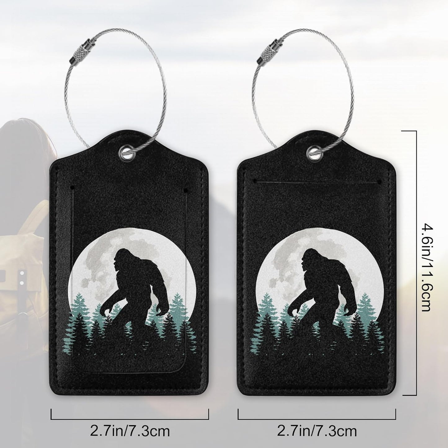 2 Pack Luggage Tag for Suitcase, Bigfoot Forest Moon Leather Suitcase Tags Identifiers with Privacy Name Address Labels & Durable Steel Loop for Women/Men Travel