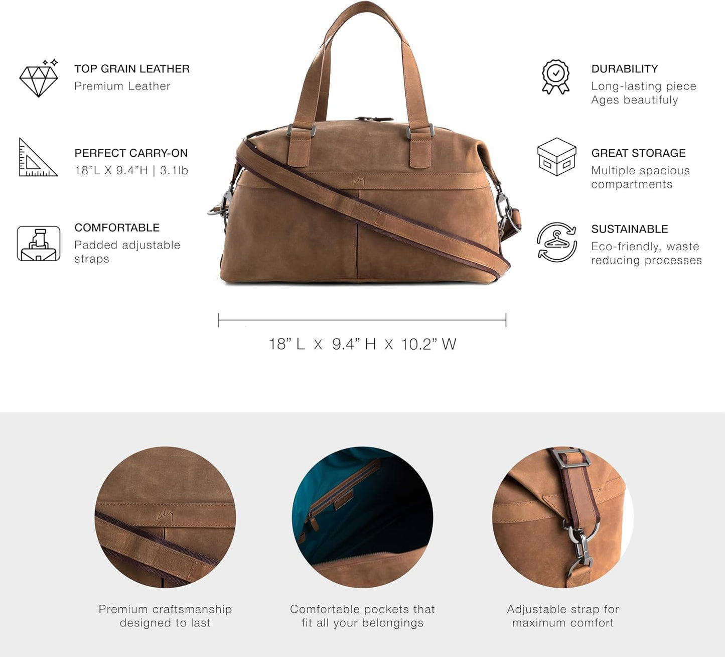 Brown Top Grain Leather Duffle Bag for Men & Women - Large, Durable, Stylish Leather Travel Bag with Adjustable Shoulder Strap, Spacious Design for Weekend Getaways, Business, & Overnight Trips