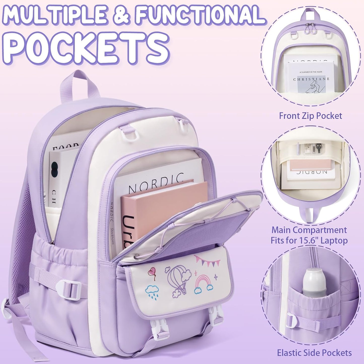 Fimibuke Kids Backpack for Girls, 4 PCS Waterproof Teen Girls Backpack with Lunch Box, Pencil Case & Headphone Bag Set