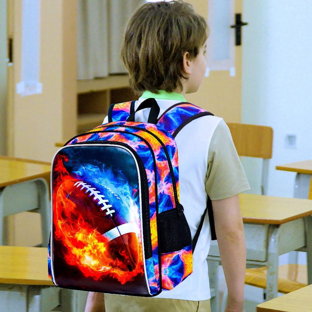 UFNDC 3PCS Kids Rugby Backpack, Boys Fire Bookbag with Lunch Box, 17" Water Resistant School Bag