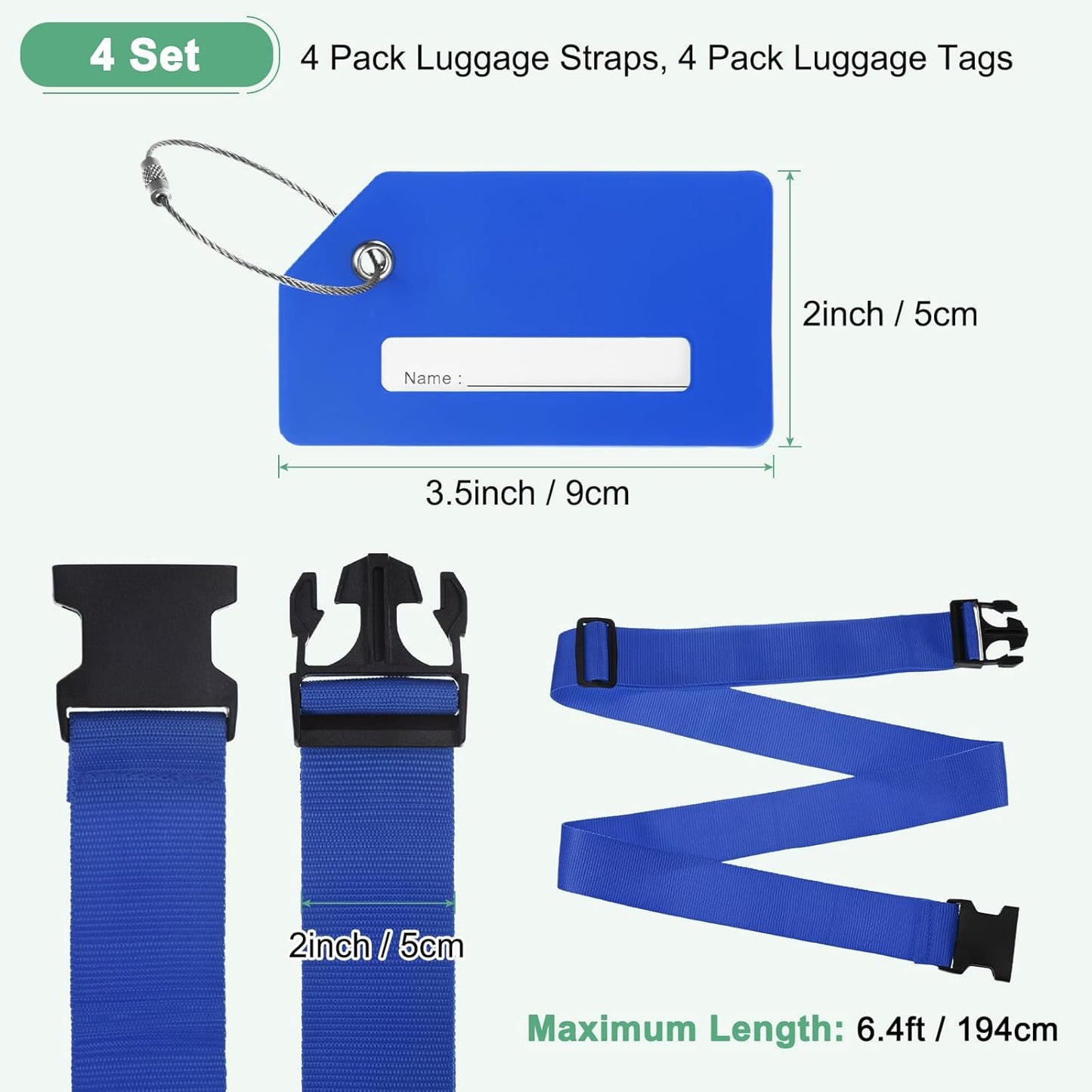 4-Sets Luggage Straps TSA Approved, Travel Straps for Luggage Suitcase Tags Set, Adjustable Suitcase Belt [Dark Blue]