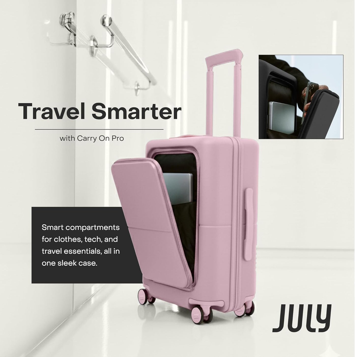 Carry On Pro - 20" Hardshell with Front Pocket, Airline Approved Carry On Luggage with Wheels, TSA Lock Rolling Suitcase, Silent Spinner Wheels, USB Ports & Ejectable Battery - Blush Pink