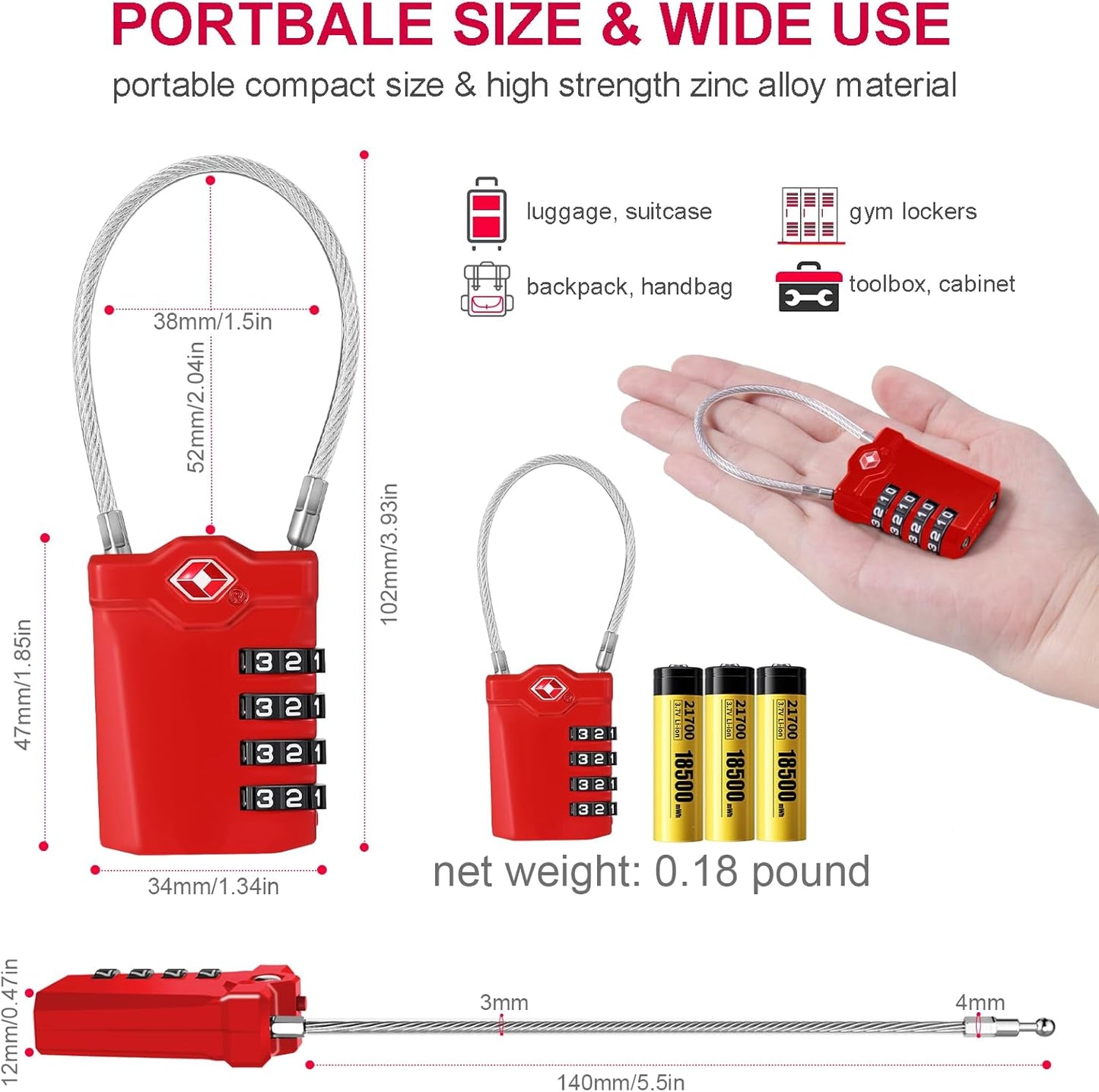 ZHEGE TSA Cable Luggage Lock, 4 Digit Zipper Lock with Open Alert Indicator, Easy to Read White Number Lock for School Gym Locker, Backpack, Suitcase, Laptop Bag (1 Pack, Red)
