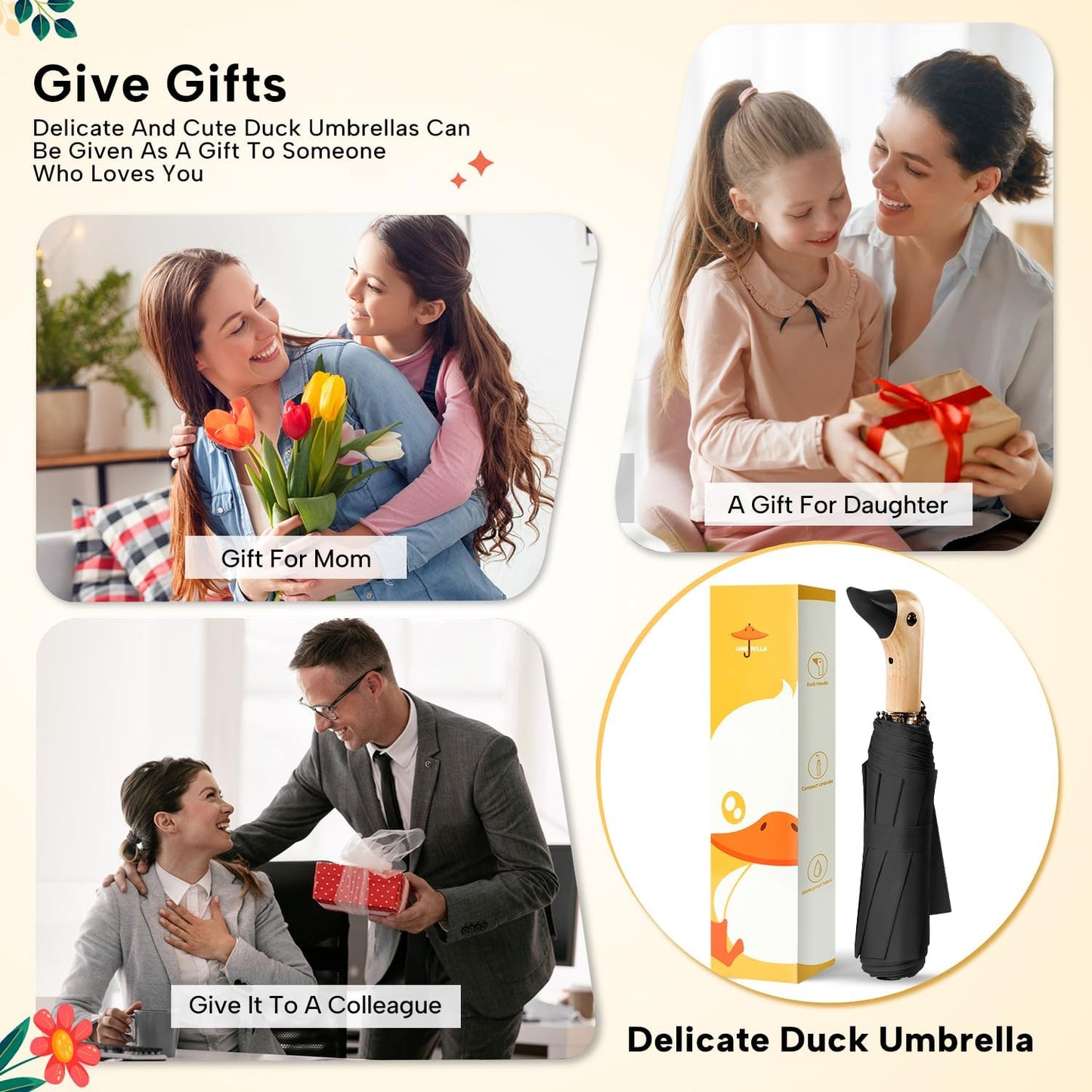 LEAGERA Compact Small Umbrellas for Rain&Sun, Cute Design Duck Head Umbrella for Girls Gifts, 8 Ribs Folding Umbrella with Wooden Handle