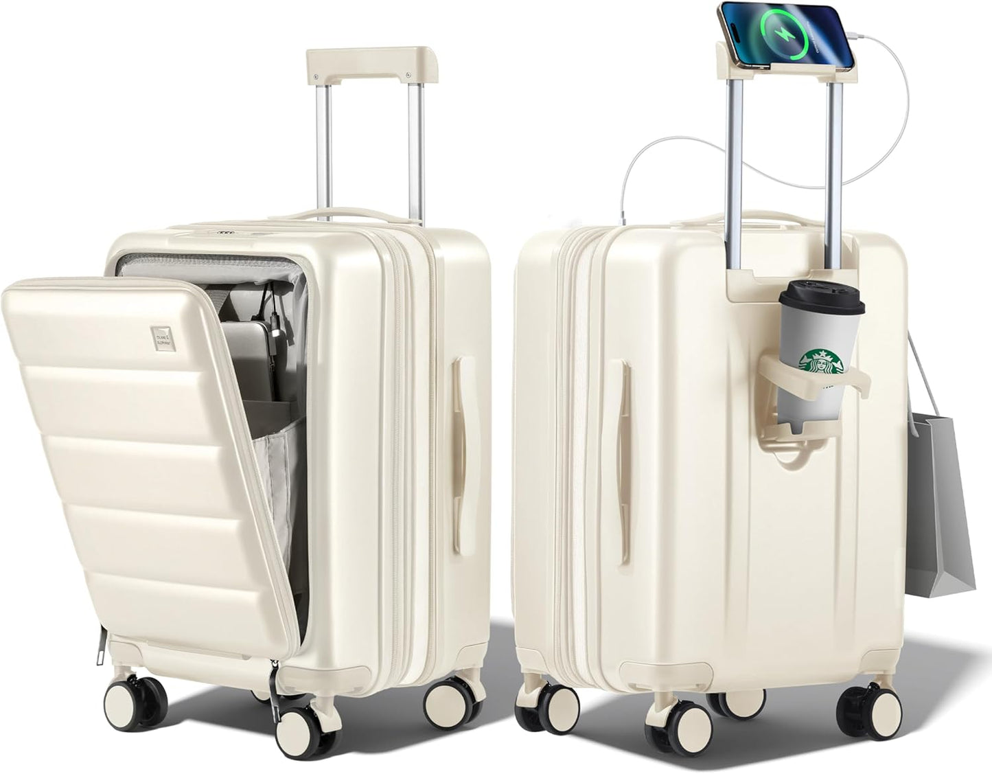 24 Inch Expandable Luggage Check In - Front Pocket Hardside Travel Suitcase Unbreakable -with Cup Holder,USB Charge,Side Pothook, 360°Spinner Wheels, TSA Lock, White