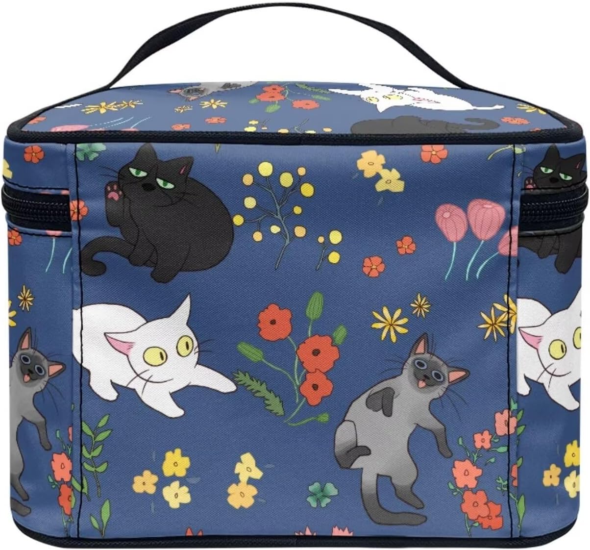 JoyLamoria Cat Floral Portable Cosmetic Bag Cute Makeup Case Zipper Closure