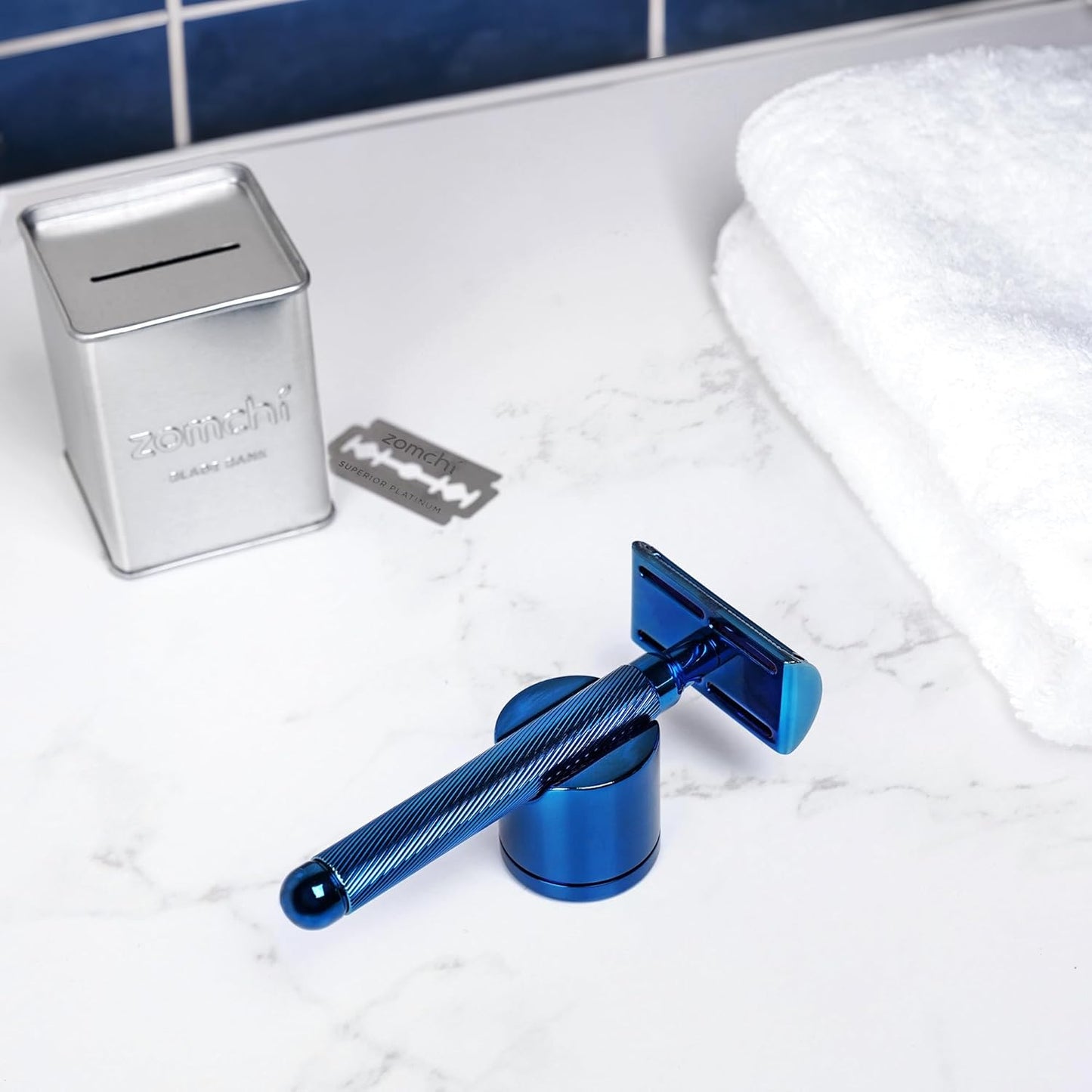 ZOMCHI Double Edge Safety Razor for Men with Stand, [New Version 2.0 ] Reusable Metal Razor with 10 Double Edge Blades, Single Blade Razors for Men & Women – Noble Blue