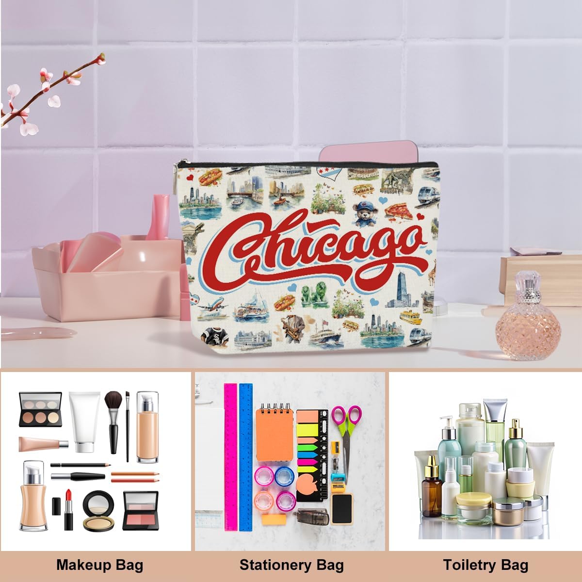 Chicago Souvenirs Chicago Gifts Makeup Bag Cosmetic Bag for Women Friend Lady Sister Bestie Chicago Travel Lover Weekend Bag Vacation Christmas Birthday Friendship