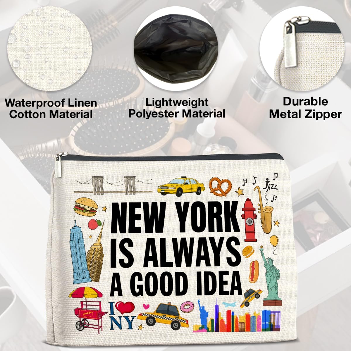 New York Travel Gifts Makeup Bag - New York Lovers Cosmetic Bag with Zipper