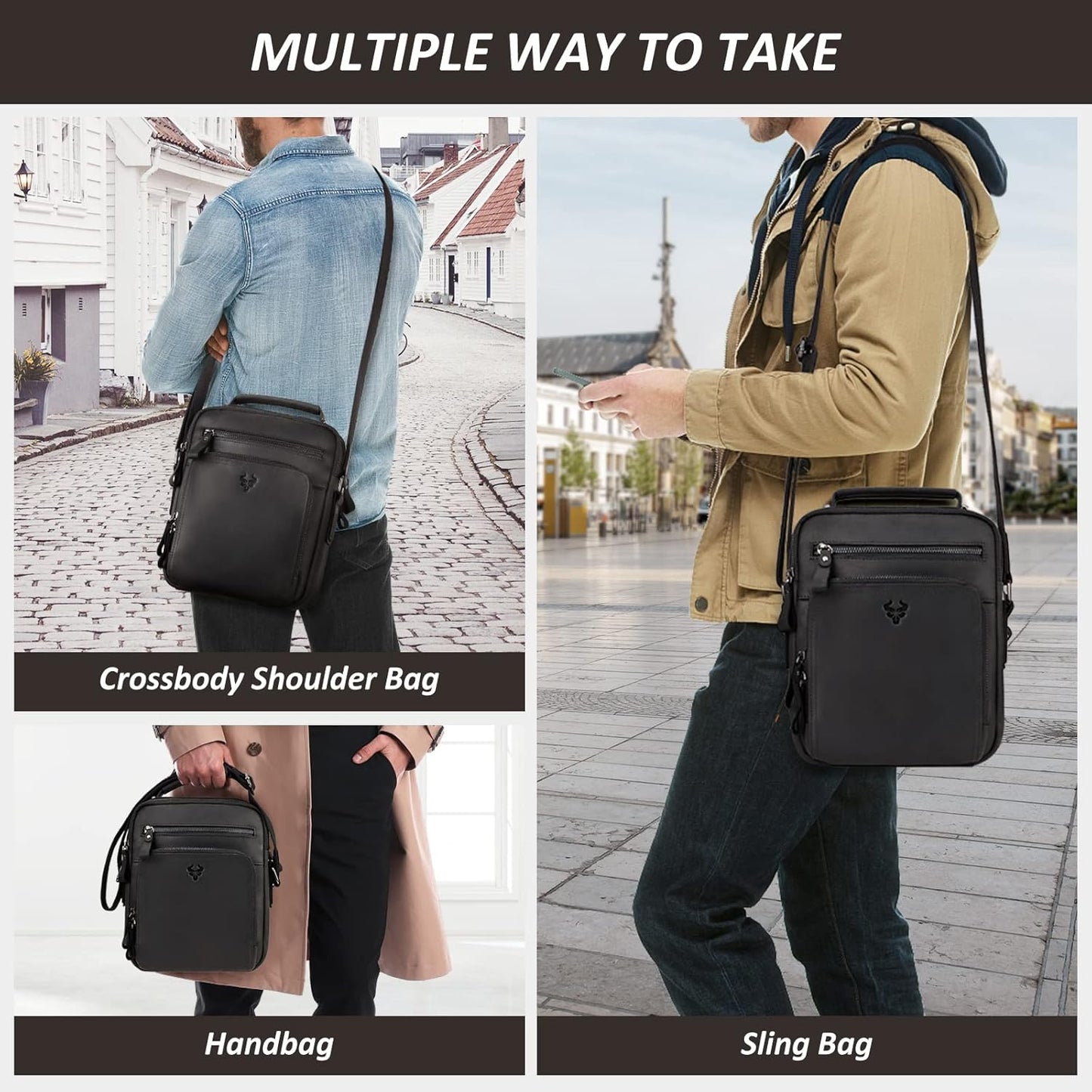 Crossbody Bag Shoulder Bag for Men, Genuine Leather Man Bag Vintage Messenger Bag for Travel Work