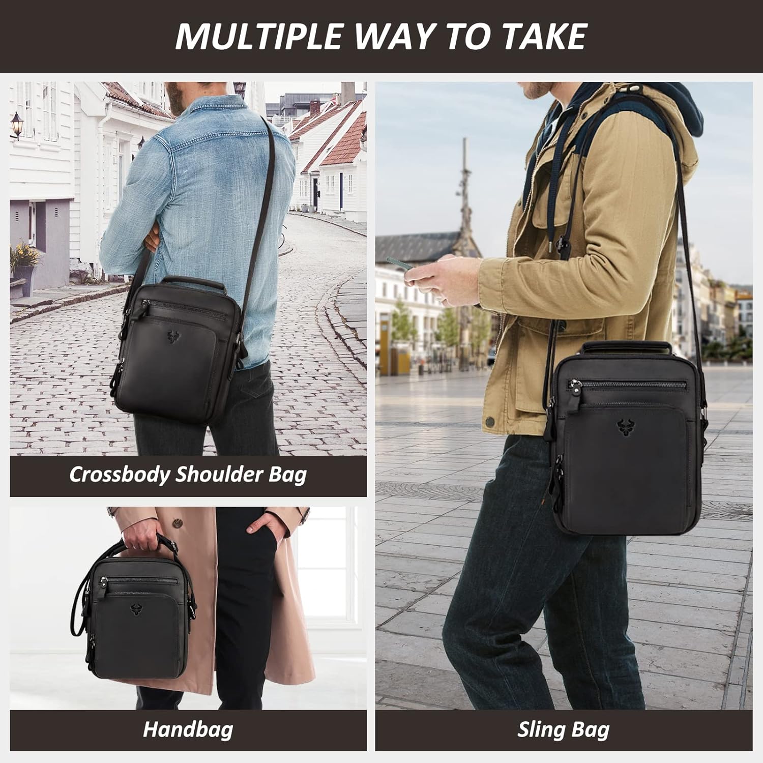 Crossbody Bag Shoulder Bag for Men, Genuine Leather Man Bag Vintage Messenger Bag for Travel Work