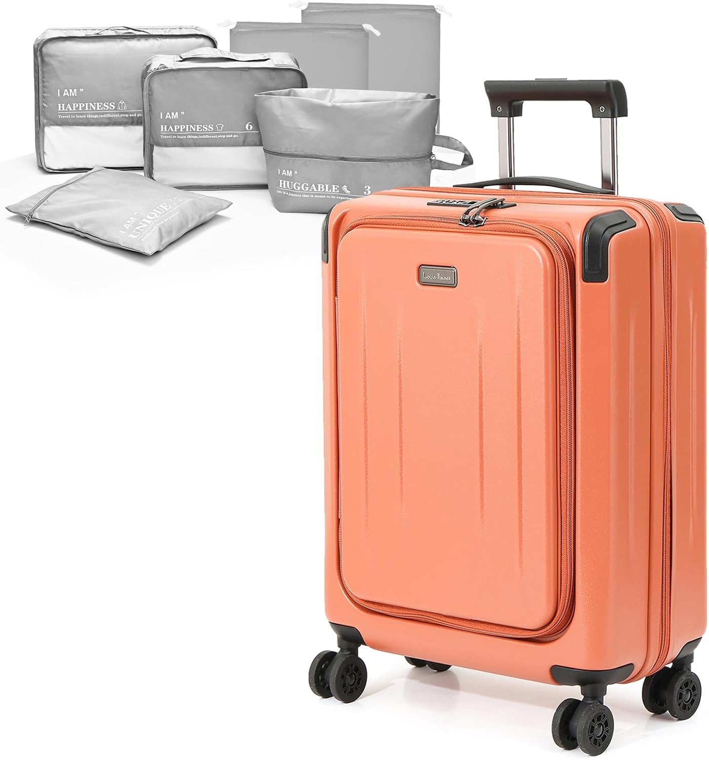 Carry On Luggage, 20 Inch Top Opening Aluminum Frame Lightweight Airline Approved ABS+PC Hard Shell Suitcases with Silent Wheels, TSA Lock, Front Pocket & Wet-dry Separated Six-piece Set (AD Orange)