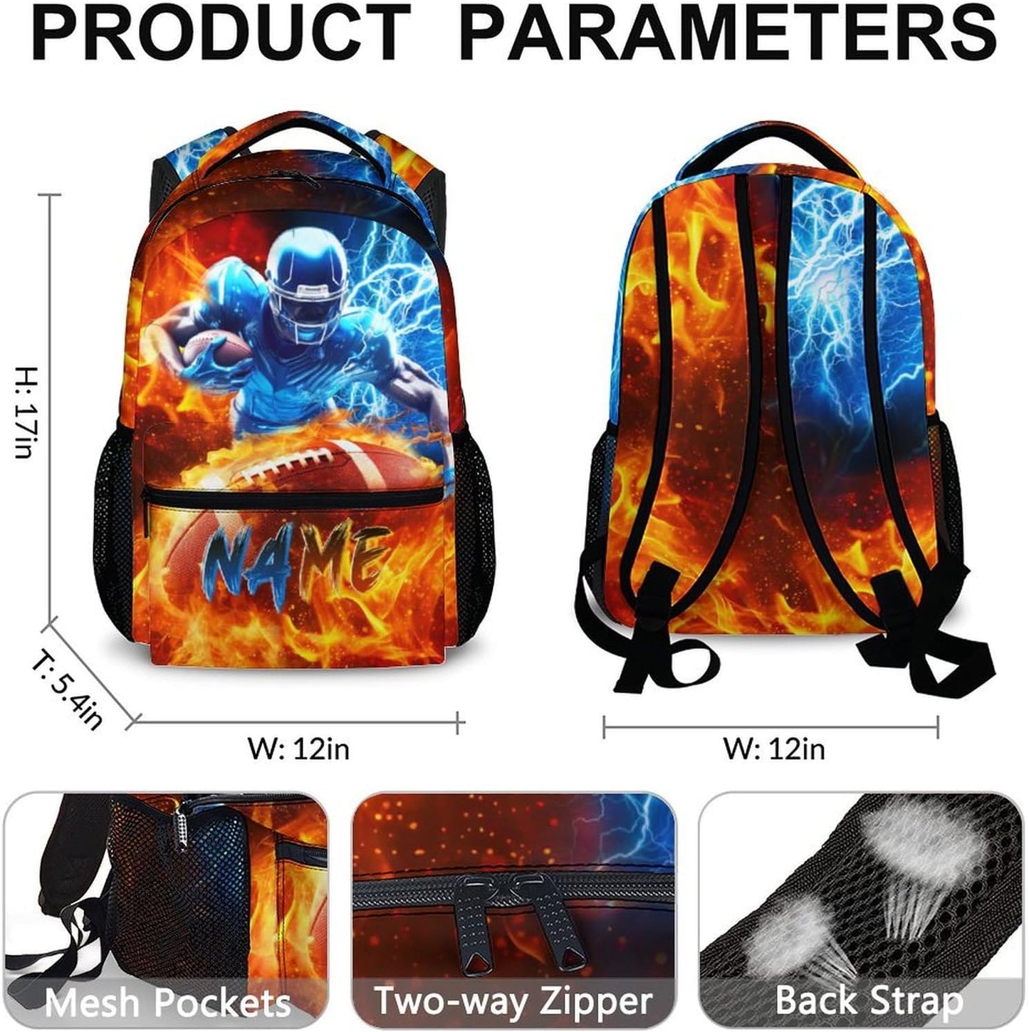 Boys Backpack, Football Backpacks with Custom Name for Kids Teens, 17 Inch Lightweight Sport School
