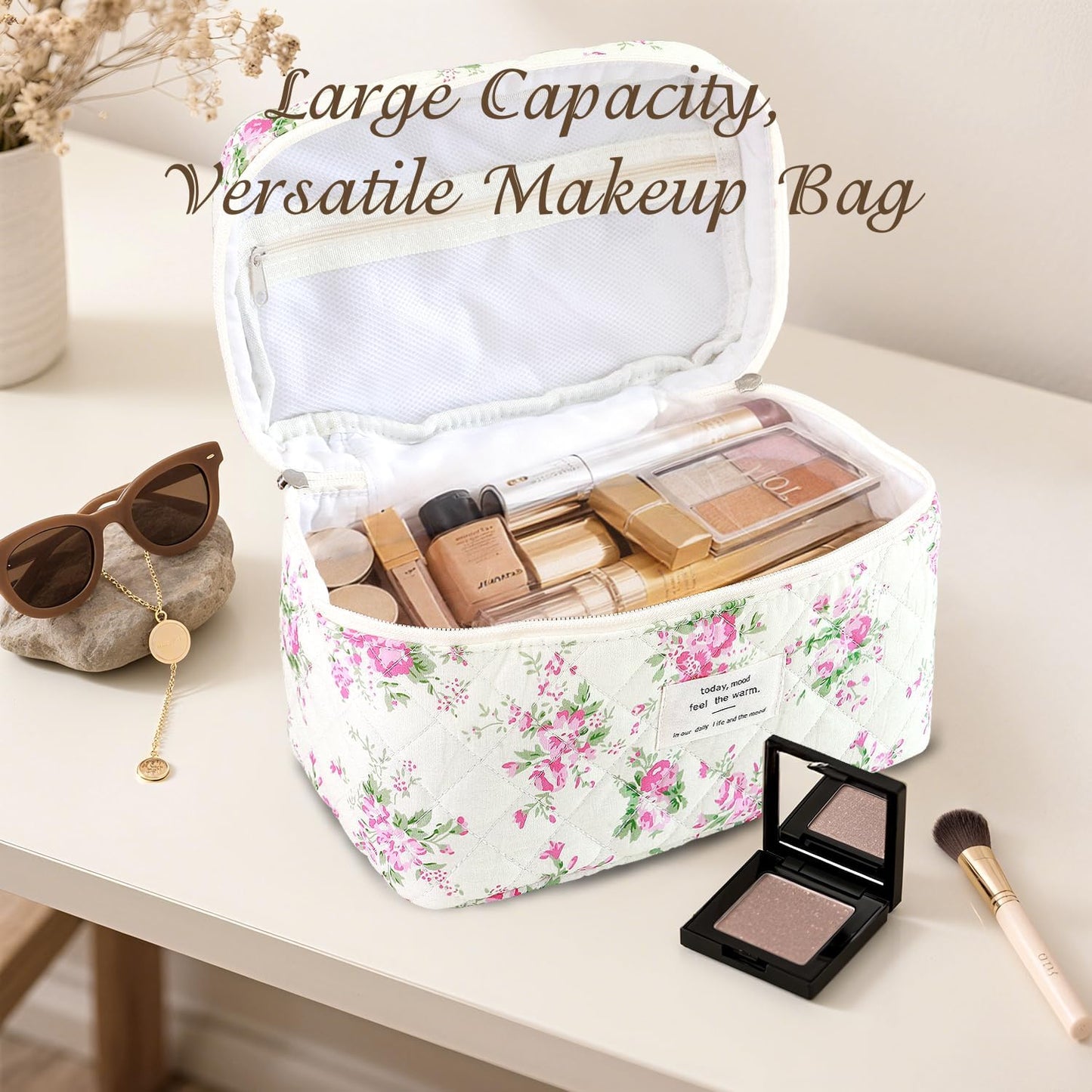 3Pcs Cotton Quilted Makeup Bag for Women Girls, Large Floral Cosmetic Bag Set Cute Makeup Brushes Aesthetic Accessories Storage Bag Pink Flower Travel Toiletry Bag Organizer