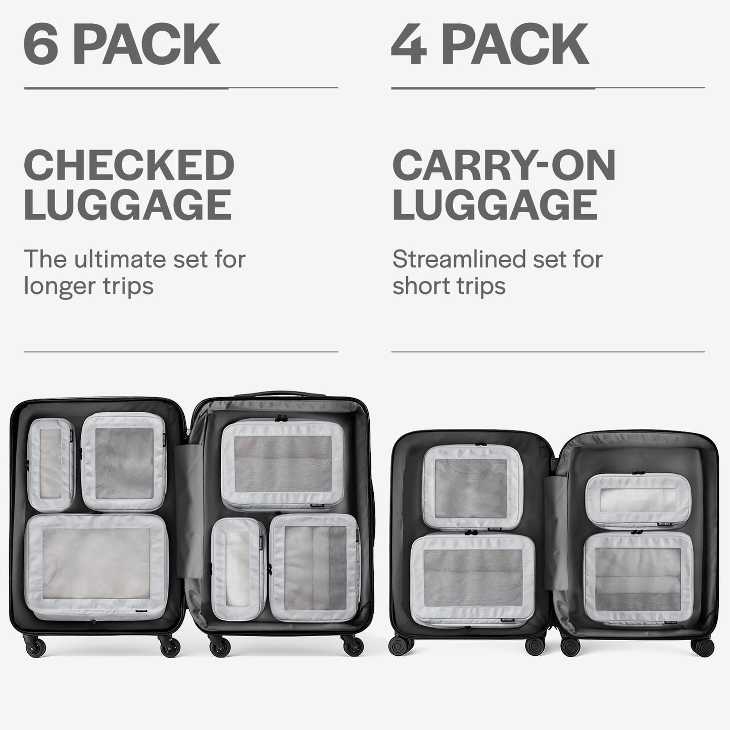 Aerotrunk Compression Packing Cubes for Travel - Luggage Organizer Bags - Double Zipper Packing Cubes for Suitcases (6-Pack, Light Grey)