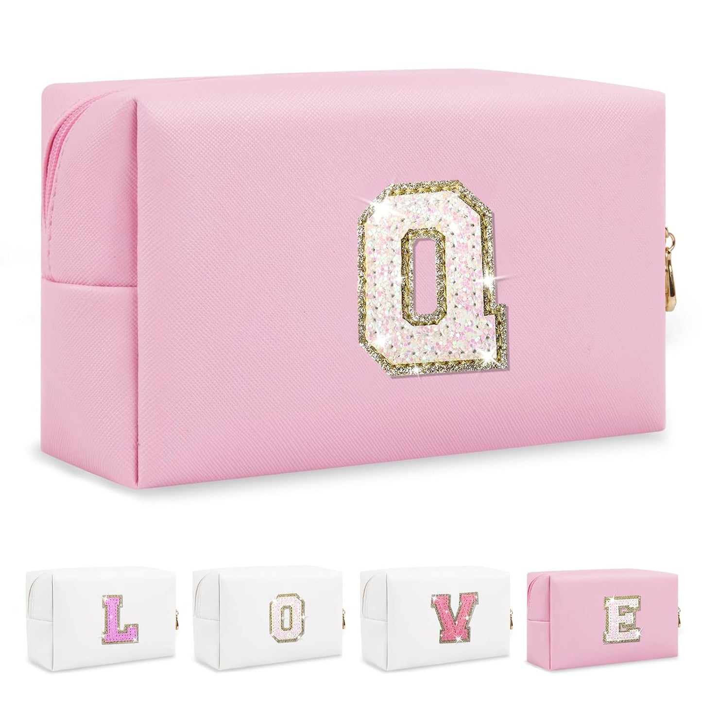 Small Personalized Initial A-Z Patch Makeup Bag,Pink Cute PU Leather Glitter Letter Cosmetic Bag