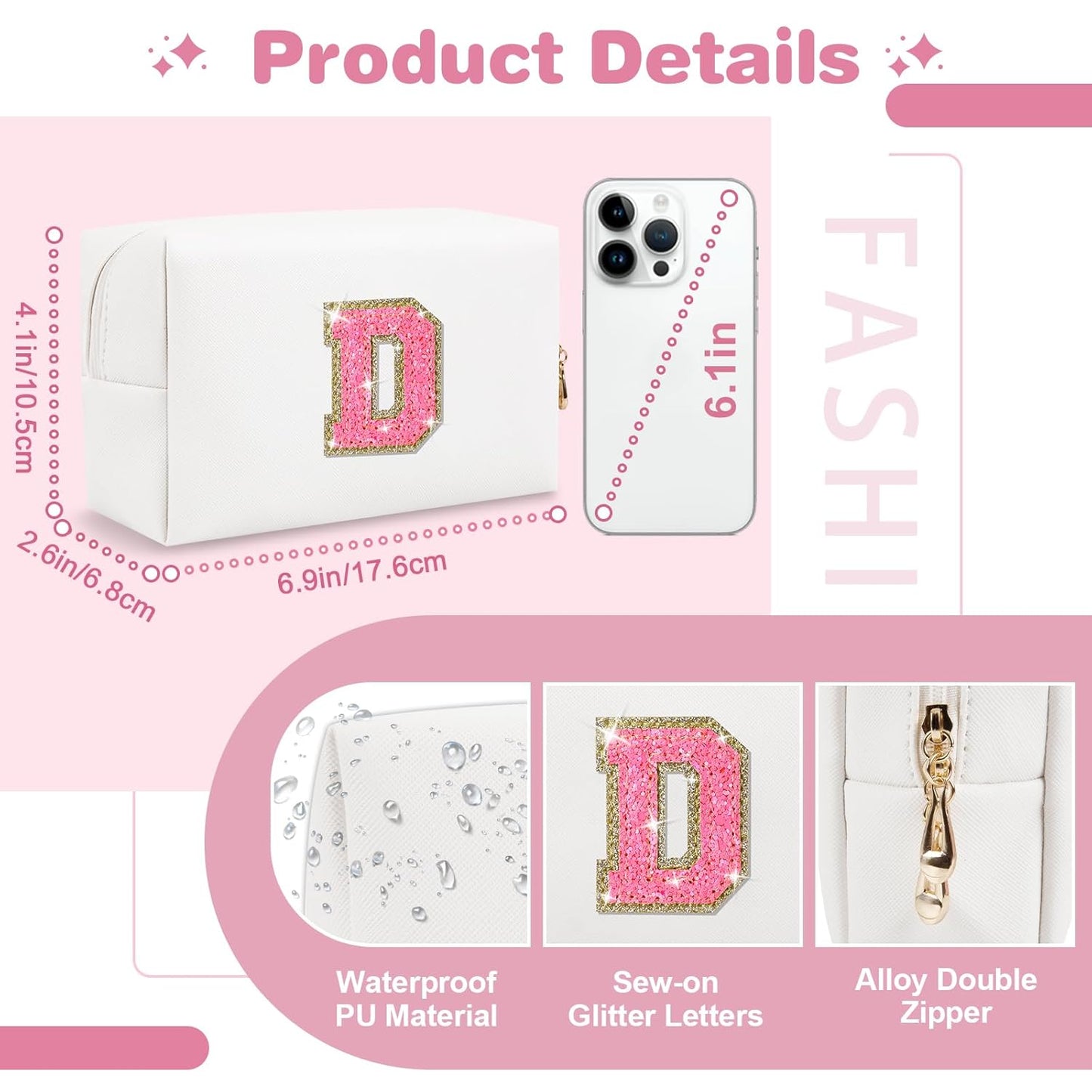 Small Personalized Initial A-Z Patch Makeup Bag,White Cute PU Leather Glitter Letter Cosmetic Bag for Teen Girls,Travel Toiletry Bag with Zipper,Preppy Monogrammed Birthday Gift for Daughter Niece D