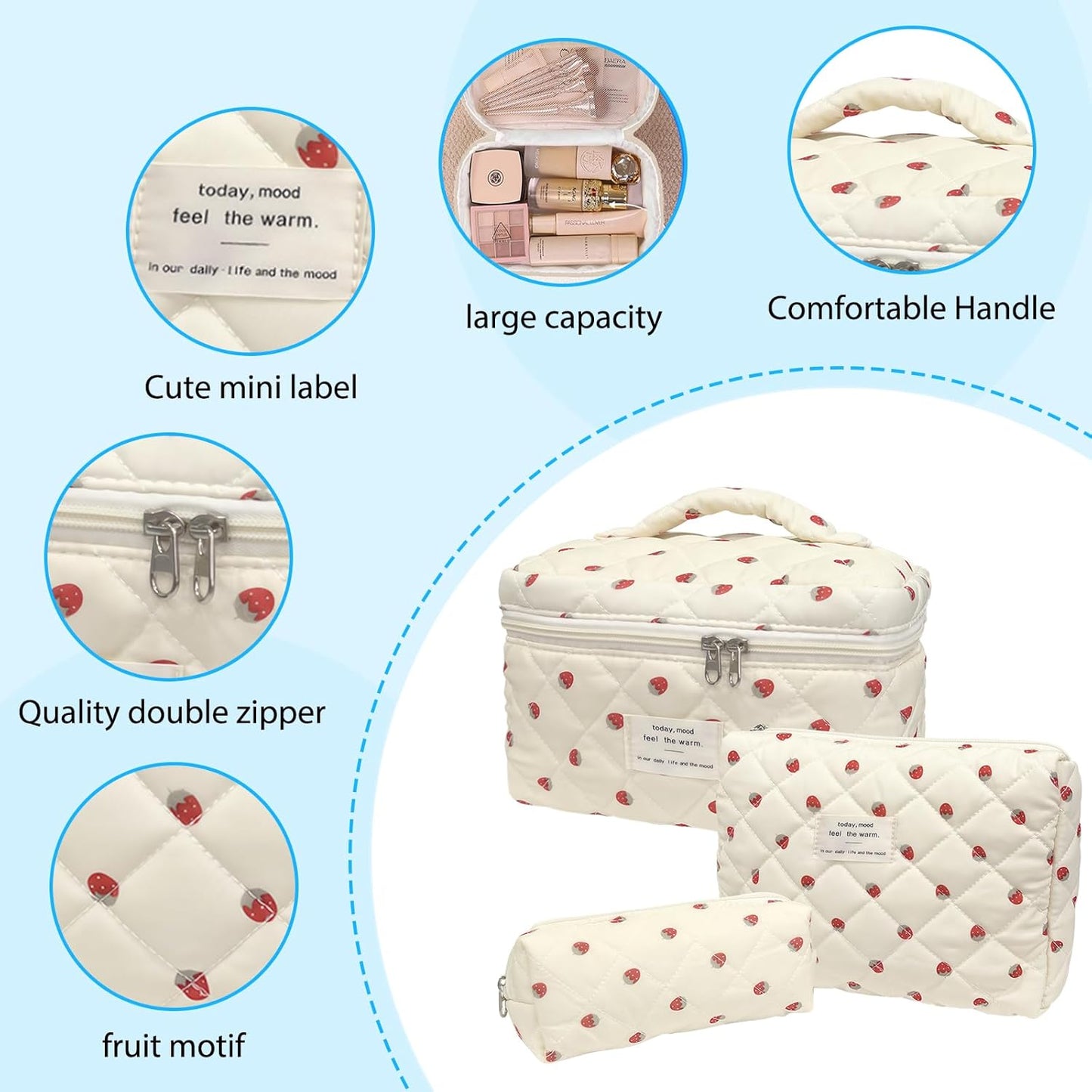Quilted Makeup Bag, Large Capacity Travel Cosmetic Bag for Women and Girls, Aesthetic Storage for Daily and Travel Use (3pcs-strawberry, Pink Bow)