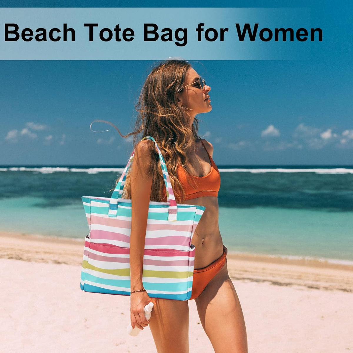 LEDAOU Beach Bag Waterproof Sandproof Women Tote Bag Pool Bag with Zipper for Gym Grocery Travel