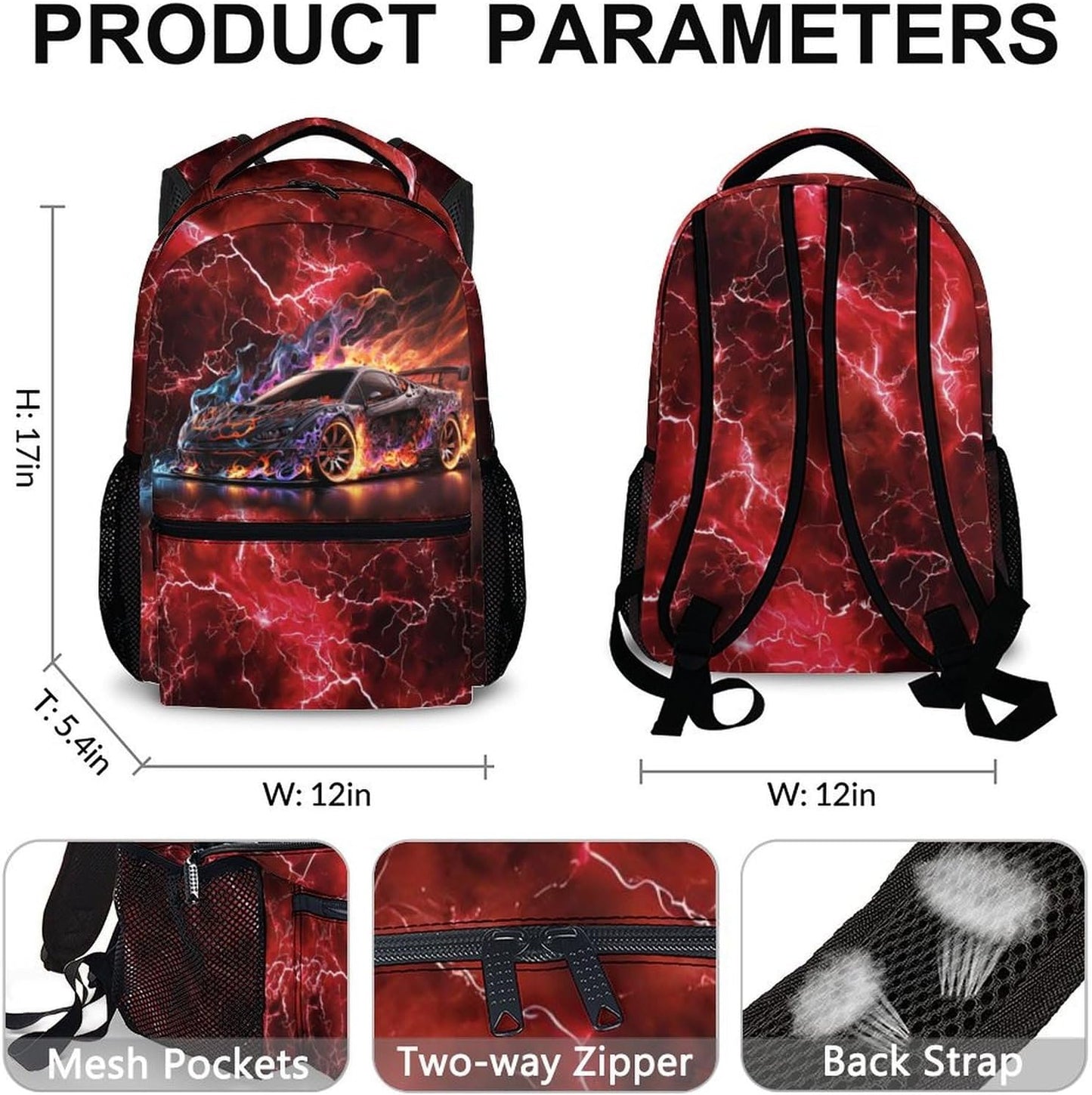 Boys Backpack, Kids Bookbag for Teens, Colorful 17 Inch Cool Race Car Backpack, Durable Schoolbag for Middle School Travel Camping Vacation