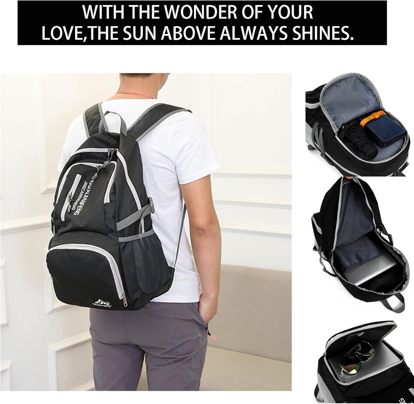Hiking knapsack,30l sporty lightweight folding waterproof ultralight knapsack for outdoor camping picnic hiking with waterproof rain (black)