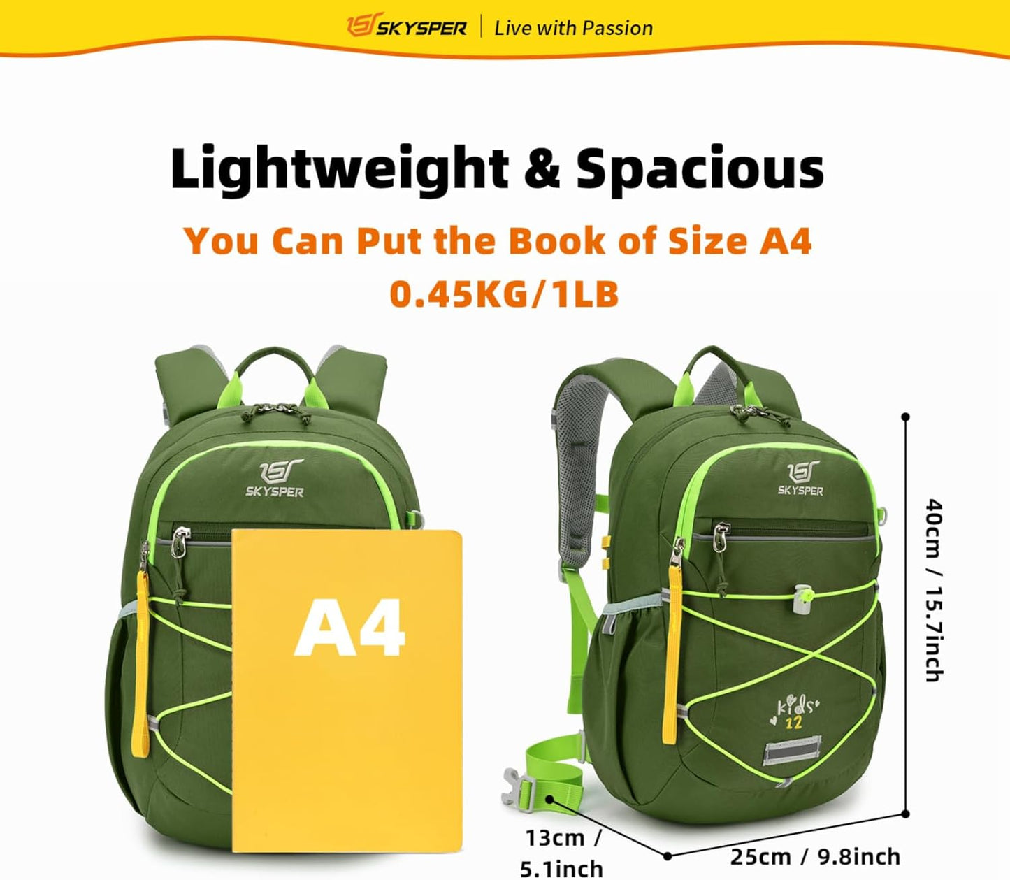SKYSPER Kids Backpack 12L Children School Bag Child Boy Girl Pack Ages 4-8 for Traveling Day Trips Classes Camping(ArmyGreen)