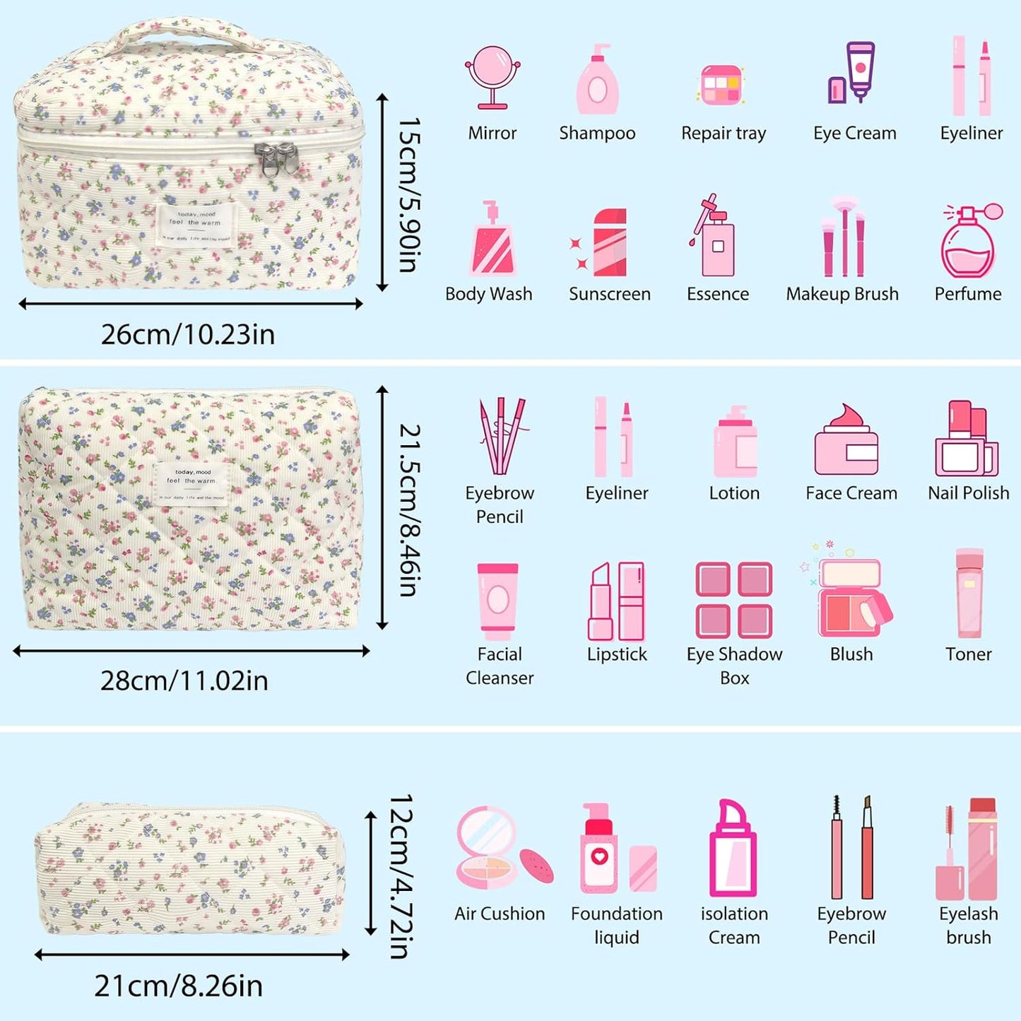 Quilted Makeup Bag, Large Capacity Travel Cosmetic Bag for Women and Girls, Aesthetic Storage for Daily and Travel Use (3pcs- Pinkditsyfloral)