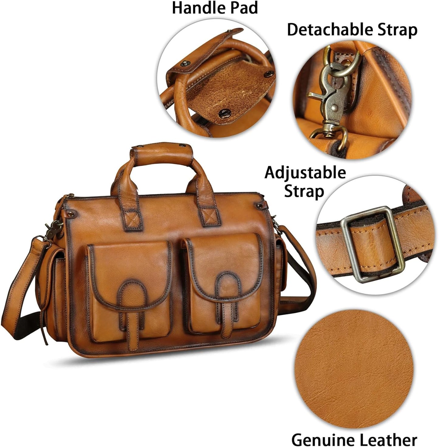 Genuine Leather Messenger Bag and Briefcase Purse for Men Real Leather Shoulder Bag Top Handle Satchel Purse for Laptop Strap