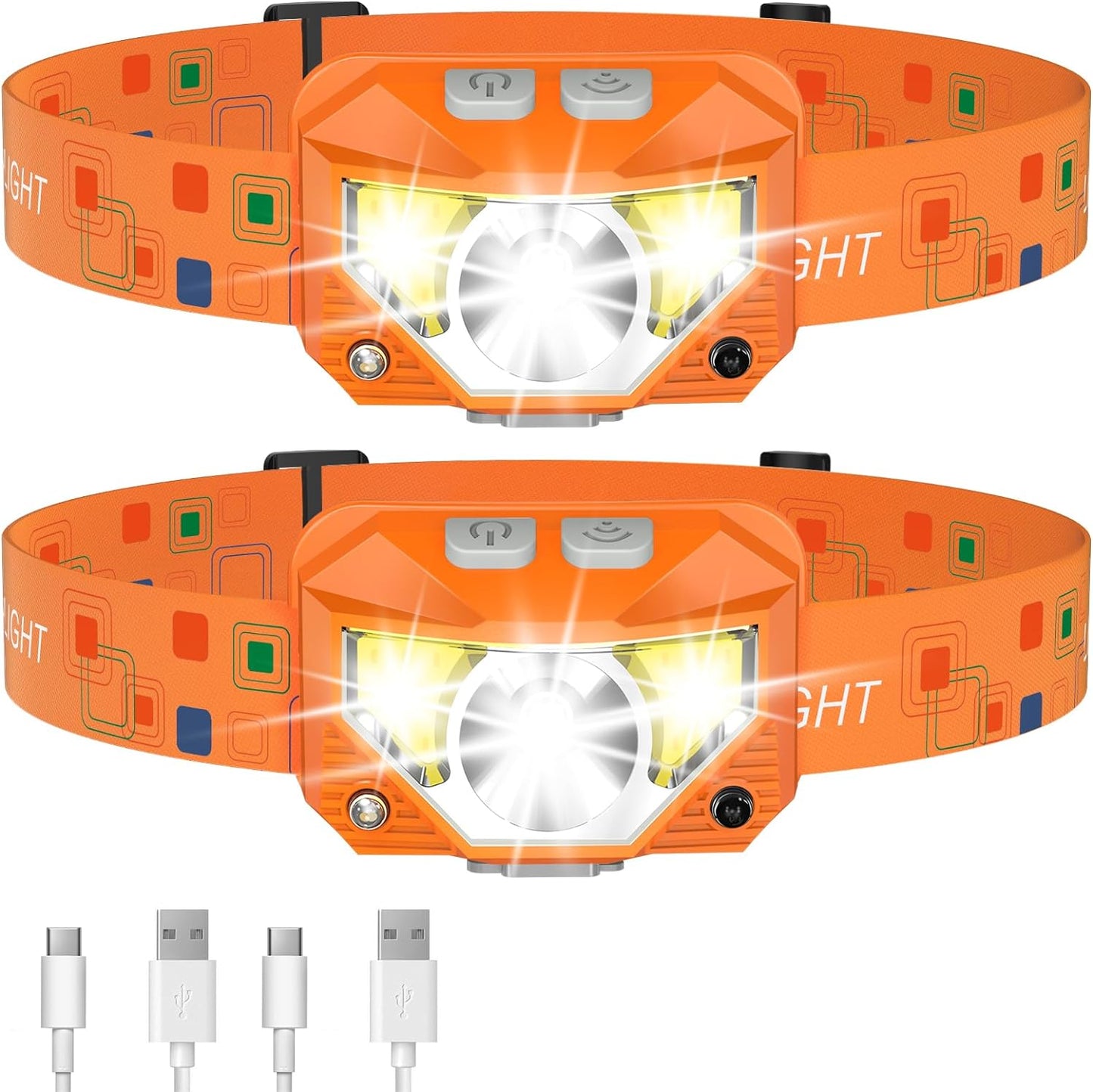 LHKNL Headlamp Flashlight, Lumen Ultra-Light Bright LED Rechargeable Headlight with White Red Light,2-Pack Waterproof Motion Sensor Head Lamp,8 Mode for Outdoor Camping Running Fishing- Orange
