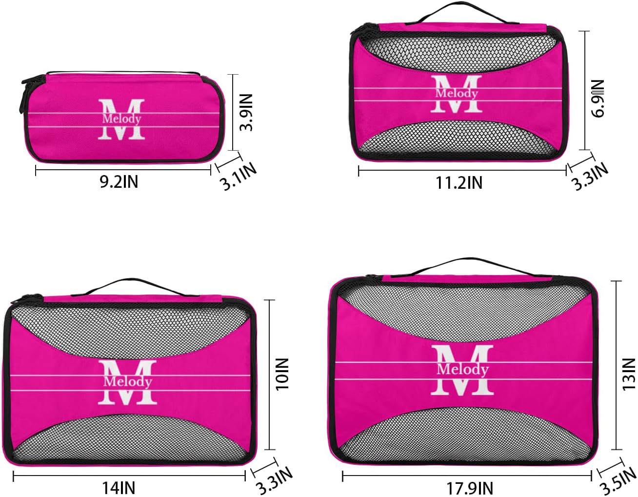 Custom 4 Set Packing Cubes for Travel, Personalized Deep Pink with Initial Letter Mesh Travel