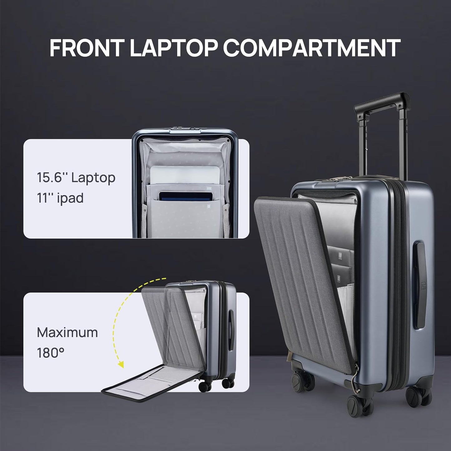 NINETYGO Carry on Luggage 22X14X9 Airline Approved with Front Pocket, 20 Inch Luggage with Front Compartment, Expandable, Double Spinner Wheels, Hardsided PC, TSA Lock (Cool Grey, Seine Max)