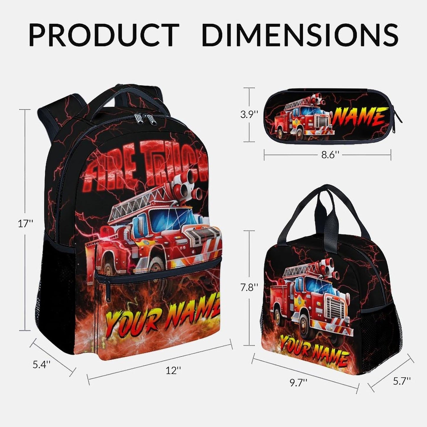 Personalized Backpack with Lunch Box, Custom Boys Bookbag for Ages 6-8, Fire Truck Backpack for School, 17 Inch Preschool Elementary Book Bag