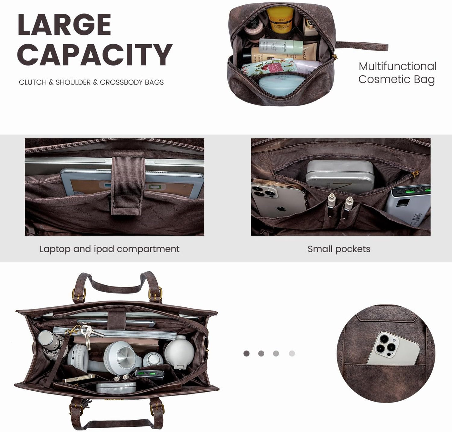 LOVEVOOK Laptop Bag for Women Vintage Leather Laptop Tote 15.6 inch Large Capacity Computer bag with Clutch Purse for Work