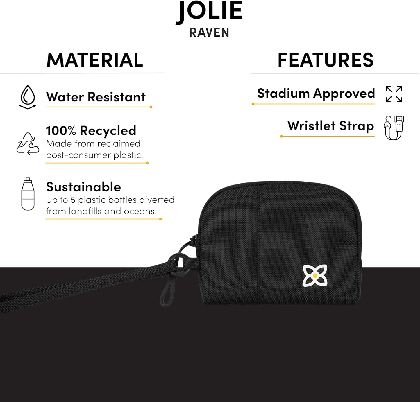 Sherpani Jolie, Lightweight Travel Pouch, Cosmetic Bag, Recycled Wristlet Bag, Toiletry Bag for Women (Raven, Small)