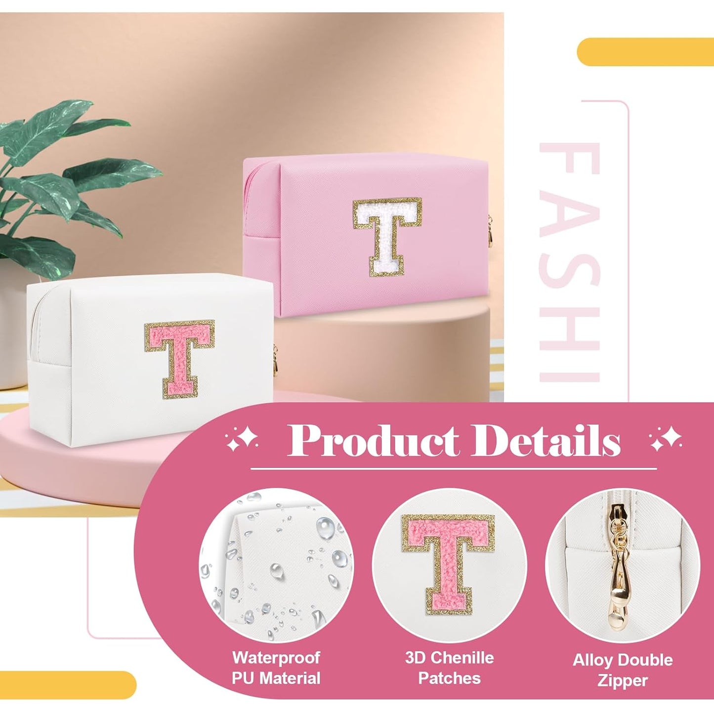Personalized Makeup Bag Initial A-Z Preppy Patch Bag,Small PU Leather Travel Cosmetic Bag Pouch with Zipper,White Cute Toiletry Bag,Gift Ideal for Teen Girls Women Birthday Friend Mom,Letter T