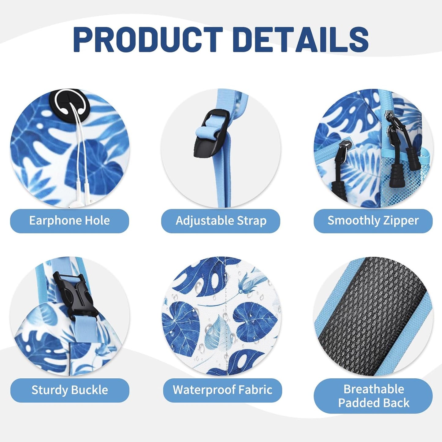 Blue Tropical Leaves Sling Bag Crossbody Chest Bag for Women Men, Water Resistant Lightweight Casual Crossbody Bag with Adjustable Strap, Travel Hiking Daypack Shoulder Backpack