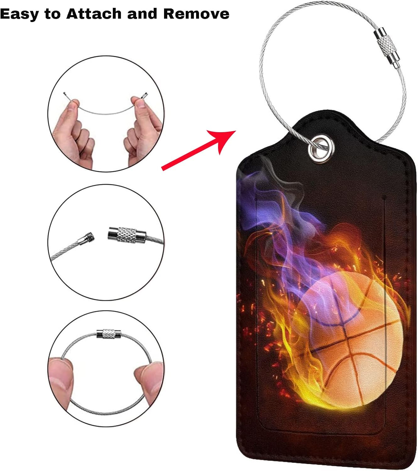 Set of 2 Sports Luggage Tags with Fire Basketball Pattern, Leather Suitcases Tag with Stainless Steel Ring for Backpack Baggage, Cool Travel Labels with Name ID Card Cover for Kids Teens Adults