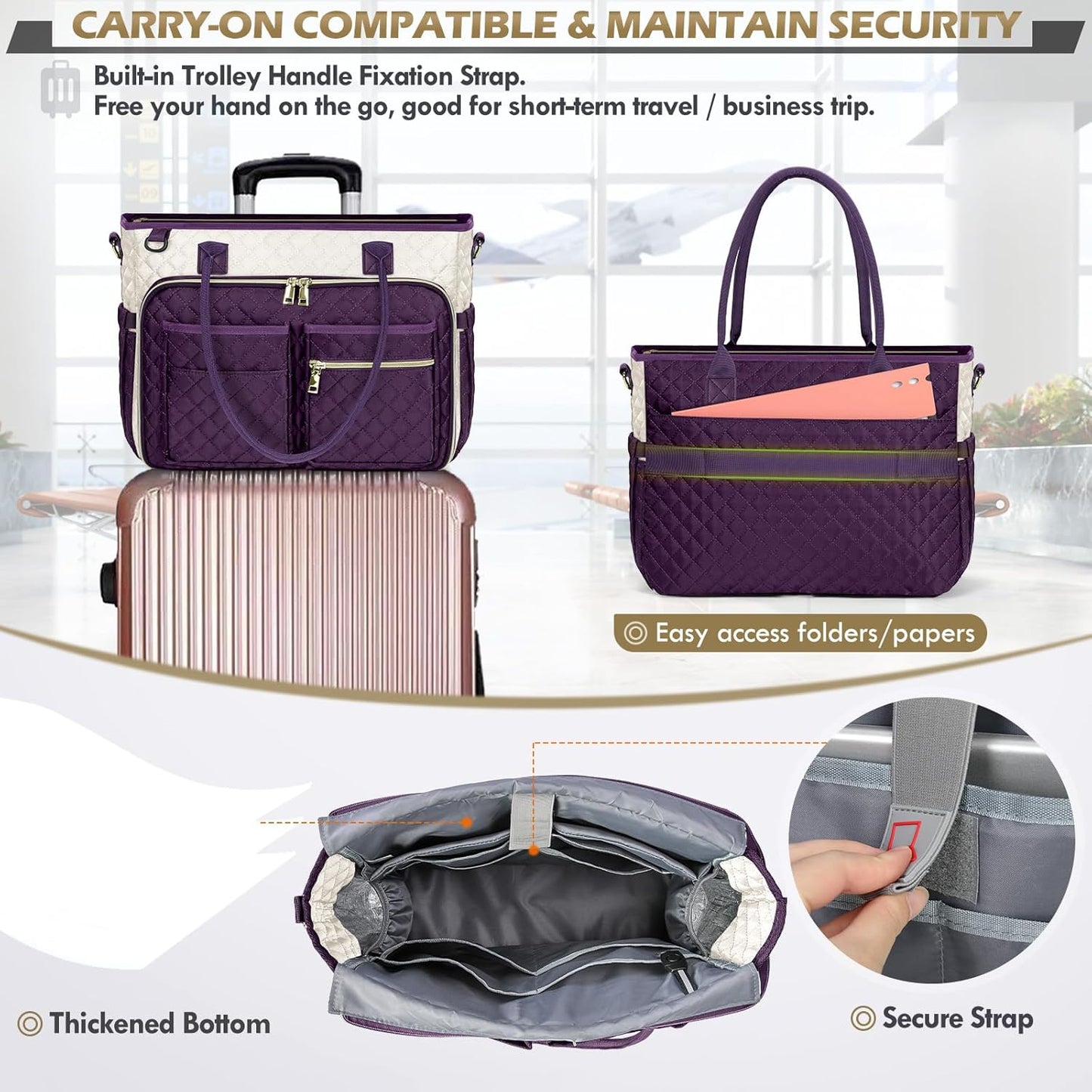 RAINSMORE Teacher Tote Bag 15.6 inch Laptop Bag for Women Work Bags Laptop Tote Nurse Bag Professional Computer Messenger with Insulated Pocket, Laptop Briefcase for Office, College, Purple-white