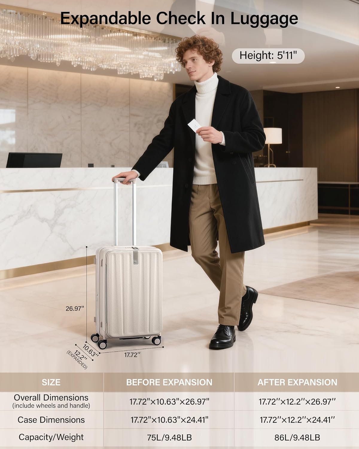 Hanke 24 Inch Expandable Luggage Top Opening Checked Bag Luggage Hard Shell Suitcases with Wheels Lightweight Travel Luggage Medium Suitcase with Lock for Woman Men-Ivory White
