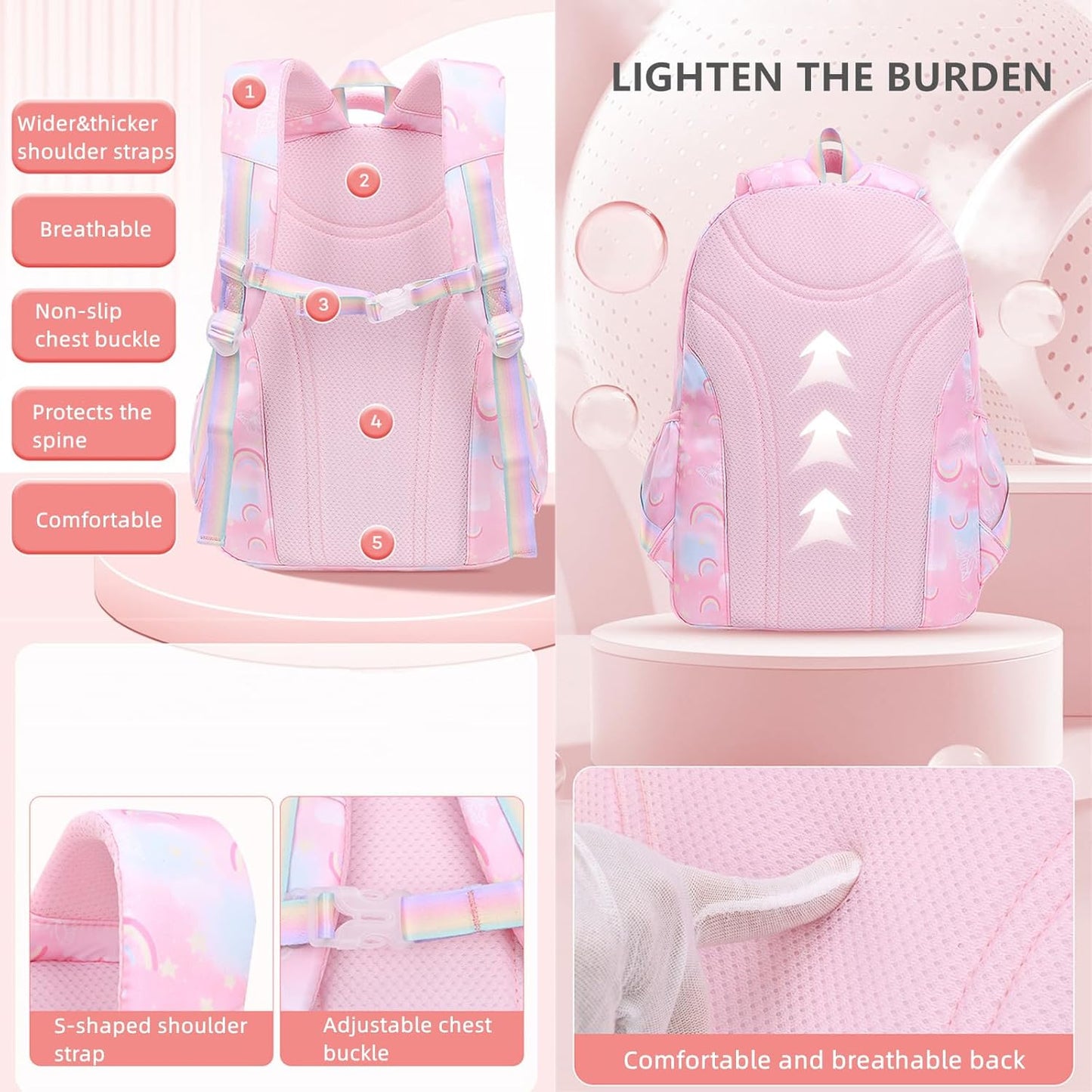 Kids Backpack for Girls Cute Rainbow Butterfly Backpacks for Teen Girls Age 8-12 Kindergarten Elementary Bookbag,Pink