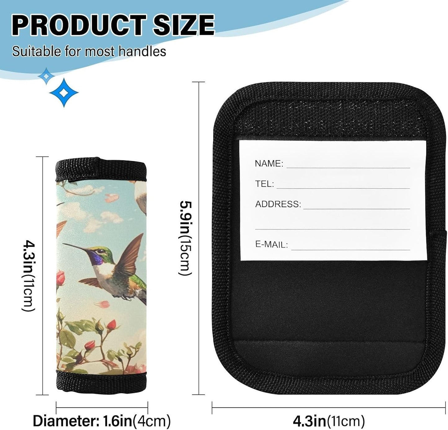 Flying Hummingbirds and Roses 4 Pack Luggage Handle Wraps Covers for Suitcase Identifiers Bag Tags Travel Accessories