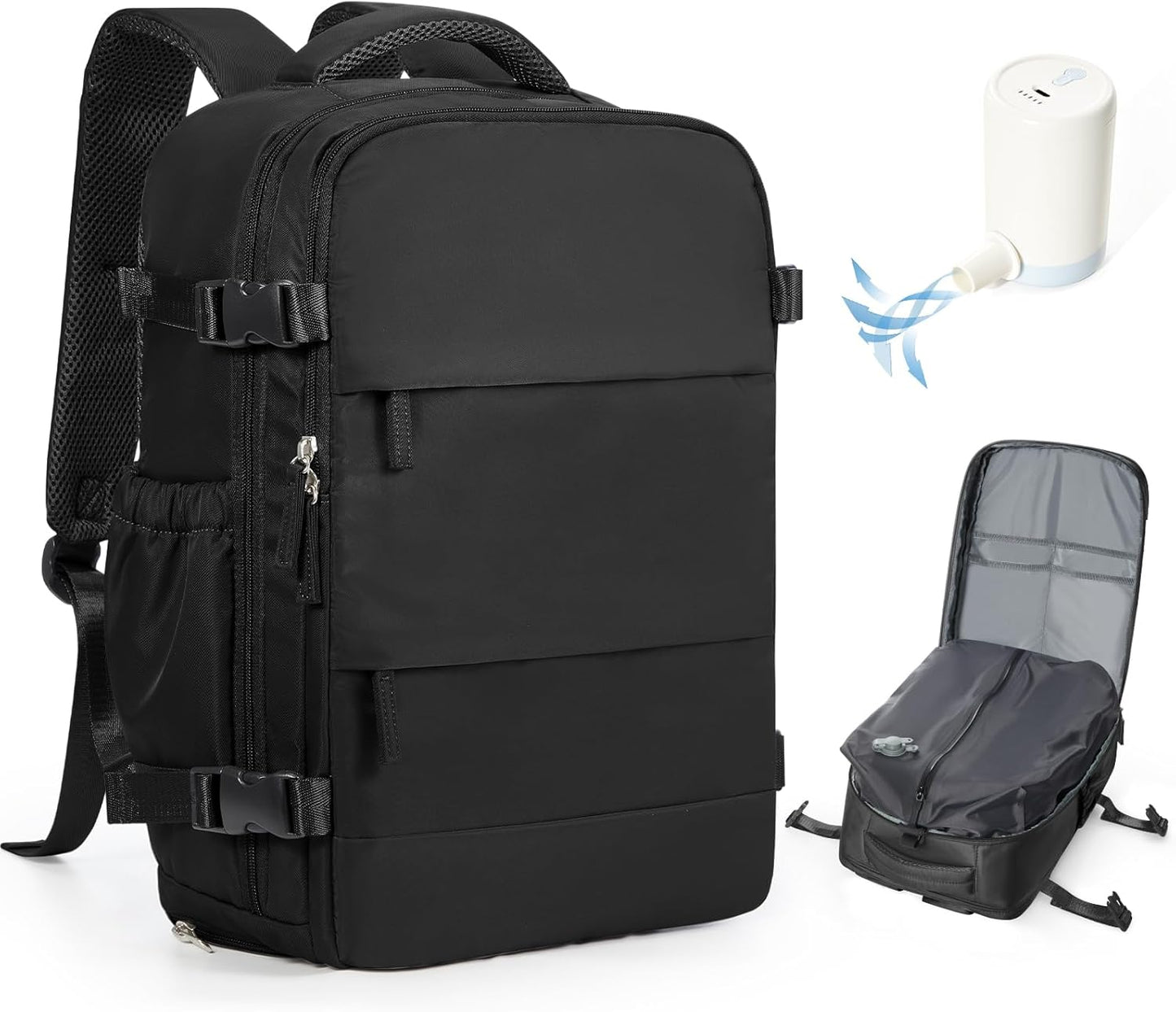 Vacuum Backpack Travel with Pump,Travel Backpack with Vacuum System, Shoe Compartment, United Airlines Personal Item Bag 17x10x9,Mochila compresion al vacio,Black