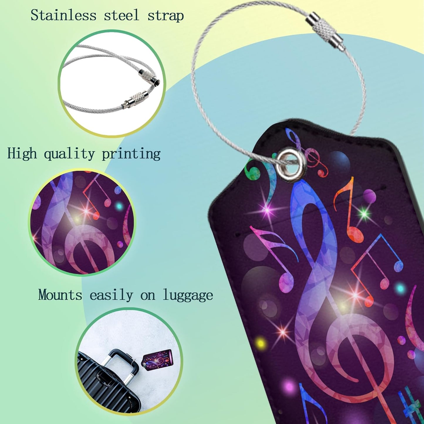 Luggage Tags Set of 2 Colorful Music Notes Leather Suitcase Tags with Stainless Steel Loop and Privacy Cover for Women Men Travel Luggage Accessories
