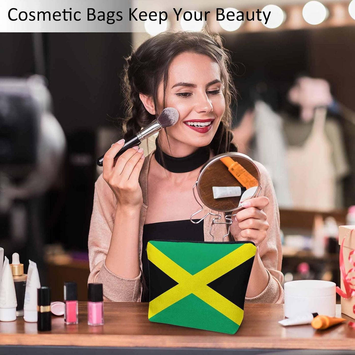 Women Cosmetic Bag Jamaica Flag, National Jamaica Flag Cute Makeup Bag For Purse Cosmetic Travel Bag For Toiletries Makeup Storage Bag Flax Skincare Bag Makeup Pouch Bags Green