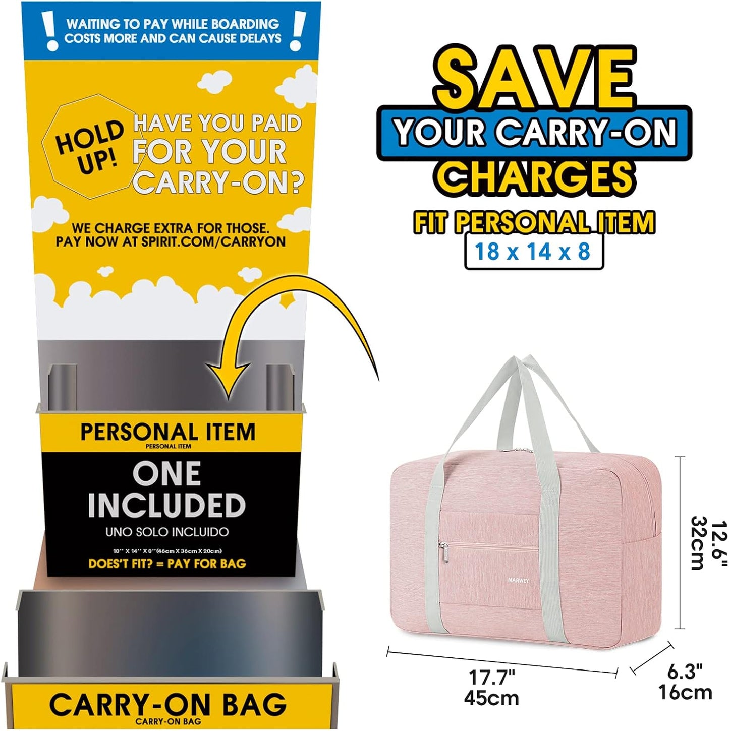 For Spirit Airlines Personal Item Bag 18x14x8 Foldable Travel Duffel Bag Tote Carry on Luggage Duffle Overnight for Women and Men