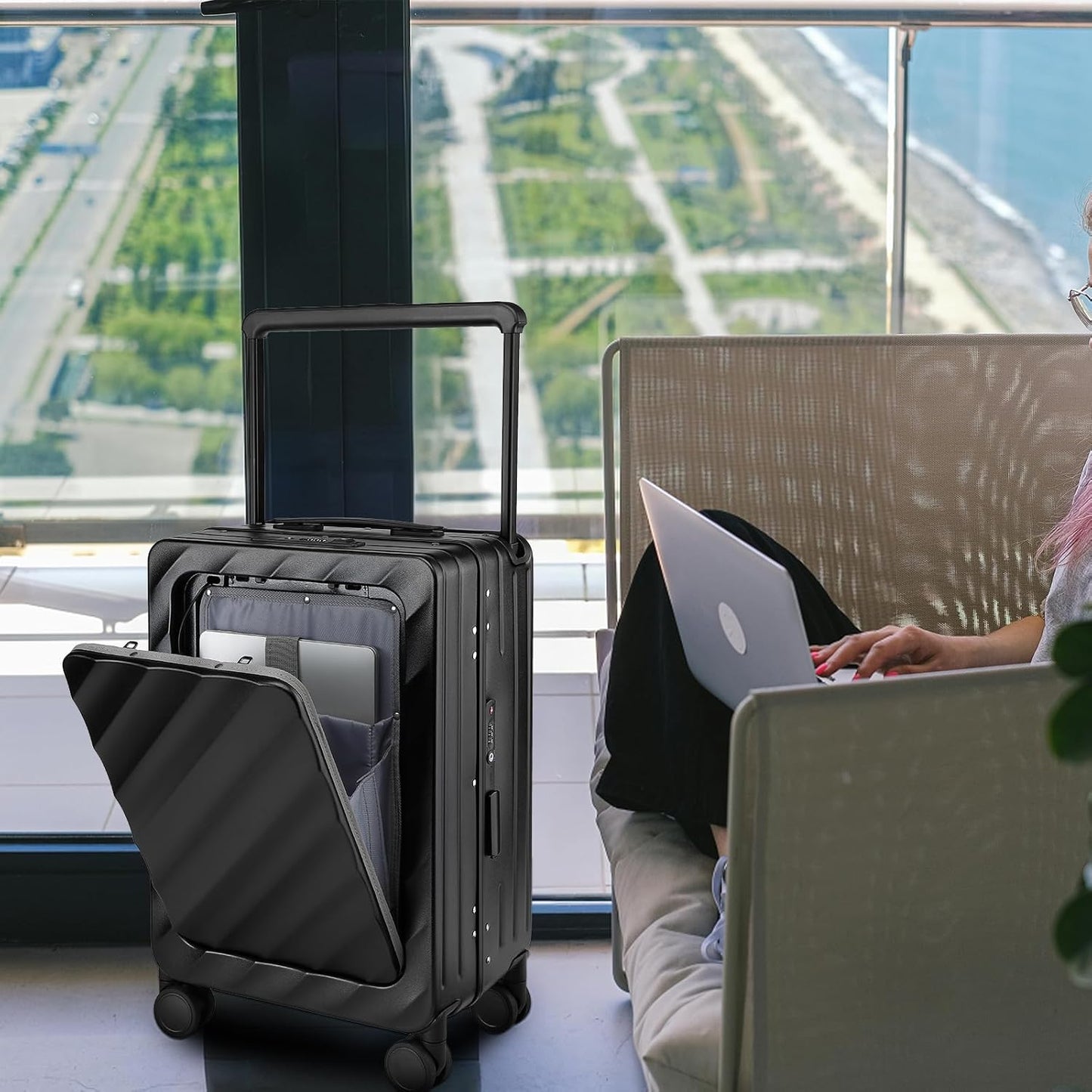 Somago Carry On Luggage Wide Handle 20 Inch Suitcase with Front Compartment Aluminum Framed PC Hardside 22x14x9 No Zipper Business Baggage with Spinner Wheels USB Charging Port TSA Lock (Black)